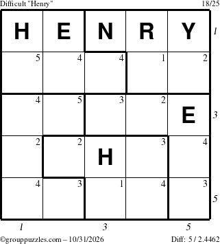 The grouppuzzles.com Difficult Henry puzzle for Saturday October 31, 2026, suitable for printing, with all 5 steps marked