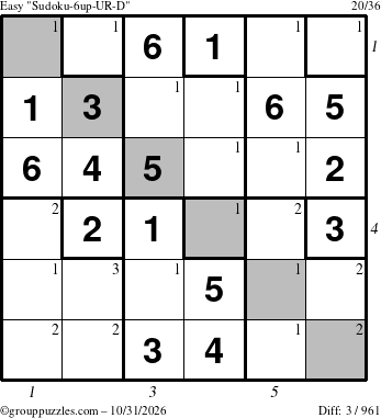 The grouppuzzles.com Easy Sudoku-6up-UR-D puzzle for Saturday October 31, 2026 with all 3 steps marked