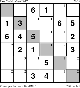 The grouppuzzles.com Easy Sudoku-6up-UR-D puzzle for Saturday October 31, 2026 with the first 3 steps marked