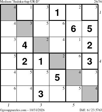 The grouppuzzles.com Medium Sudoku-6up-UR-D puzzle for Saturday October 31, 2026 with all 6 steps marked