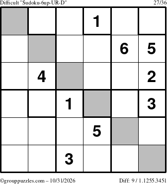 The grouppuzzles.com Difficult Sudoku-6up-UR-D puzzle for Saturday October 31, 2026