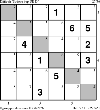 The grouppuzzles.com Difficult Sudoku-6up-UR-D puzzle for Saturday October 31, 2026 with all 9 steps marked