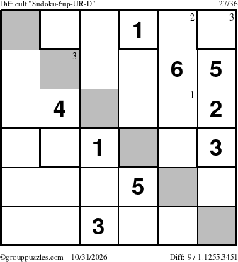 The grouppuzzles.com Difficult Sudoku-6up-UR-D puzzle for Saturday October 31, 2026 with the first 3 steps marked