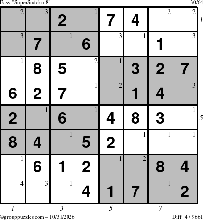 The grouppuzzles.com Easy SuperSudoku-8 puzzle for Saturday October 31, 2026, suitable for printing, with all 4 steps marked