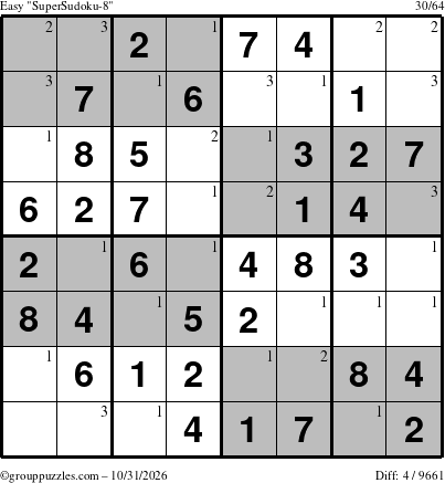 The grouppuzzles.com Easy SuperSudoku-8 puzzle for Saturday October 31, 2026 with the first 3 steps marked