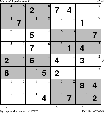 The grouppuzzles.com Medium SuperSudoku-8 puzzle for Saturday October 31, 2026 with all 8 steps marked