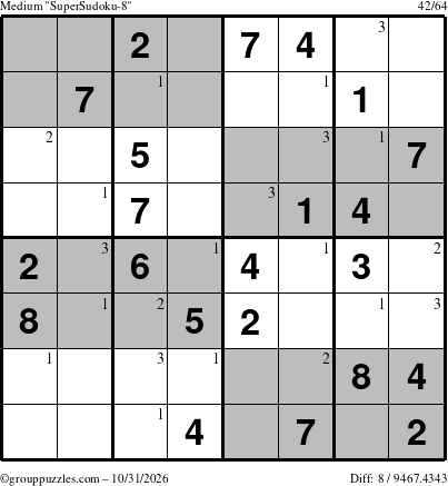 The grouppuzzles.com Medium SuperSudoku-8 puzzle for Saturday October 31, 2026 with the first 3 steps marked
