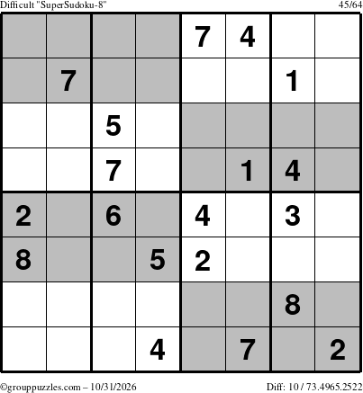 The grouppuzzles.com Difficult SuperSudoku-8 puzzle for Saturday October 31, 2026