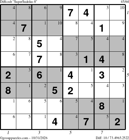 The grouppuzzles.com Difficult SuperSudoku-8 puzzle for Saturday October 31, 2026 with all 10 steps marked