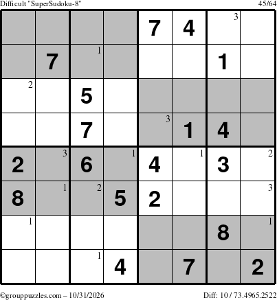 The grouppuzzles.com Difficult SuperSudoku-8 puzzle for Saturday October 31, 2026 with the first 3 steps marked