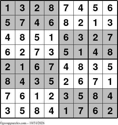 The grouppuzzles.com Answer grid for the SuperSudoku-8 puzzle for Saturday October 31, 2026