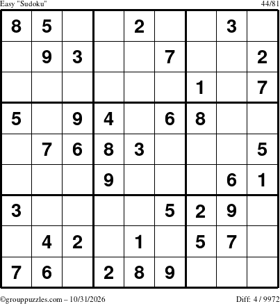 The grouppuzzles.com Easy Sudoku puzzle for Saturday October 31, 2026