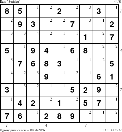 The grouppuzzles.com Easy Sudoku puzzle for Saturday October 31, 2026 with all 4 steps marked