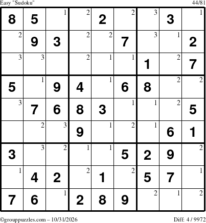 The grouppuzzles.com Easy Sudoku puzzle for Saturday October 31, 2026 with the first 3 steps marked