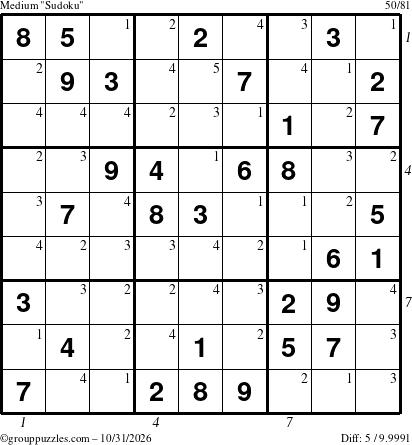 The grouppuzzles.com Medium Sudoku puzzle for Saturday October 31, 2026, suitable for printing, with all 5 steps marked