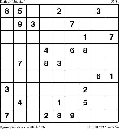 The grouppuzzles.com Difficult Sudoku puzzle for Saturday October 31, 2026