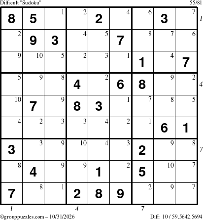 The grouppuzzles.com Difficult Sudoku puzzle for Saturday October 31, 2026 with all 10 steps marked