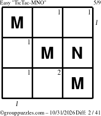 The grouppuzzles.com Easy TicTac-MNO puzzle for Saturday October 31, 2026 with all 2 steps marked