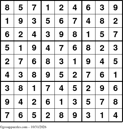 The grouppuzzles.com Answer grid for the Sudoku puzzle for Saturday October 31, 2026