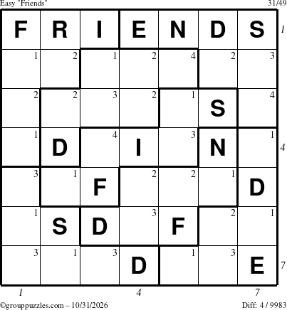 The grouppuzzles.com Easy Friends puzzle for Saturday October 31, 2026, suitable for printing, with all 4 steps marked