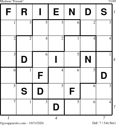 The grouppuzzles.com Medium Friends puzzle for Saturday October 31, 2026 with all 7 steps marked