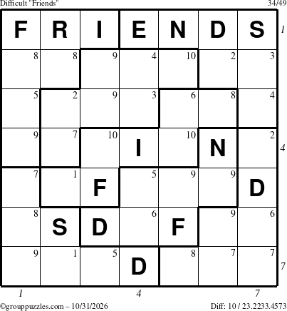 The grouppuzzles.com Difficult Friends puzzle for Saturday October 31, 2026 with all 10 steps marked
