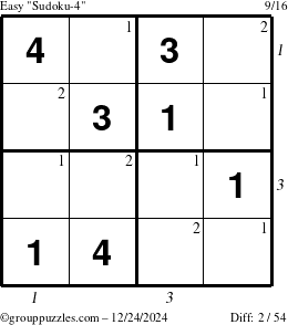 The grouppuzzles.com Easy Sudoku-4 puzzle for Tuesday December 24, 2024 with all 2 steps marked