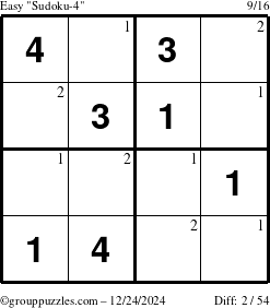 The grouppuzzles.com Easy Sudoku-4 puzzle for Tuesday December 24, 2024 with the first 2 steps marked