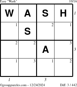 The grouppuzzles.com Easy Wash puzzle for Tuesday December 24, 2024 with all 3 steps marked