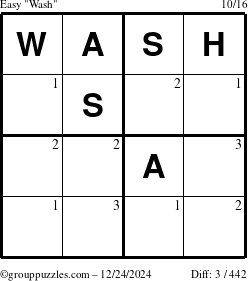 The grouppuzzles.com Easy Wash puzzle for Tuesday December 24, 2024 with the first 3 steps marked