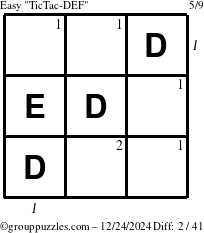 The grouppuzzles.com Easy TicTac-DEF puzzle for Tuesday December 24, 2024 with all 2 steps marked