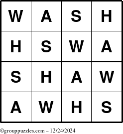 The grouppuzzles.com Answer grid for the Wash puzzle for Tuesday December 24, 2024