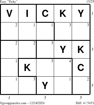 The grouppuzzles.com Easy Vicky puzzle for Tuesday December 24, 2024 with all 4 steps marked