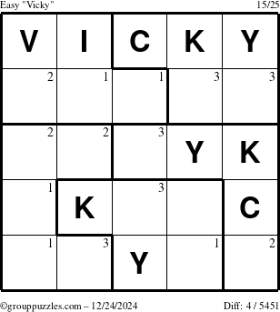 The grouppuzzles.com Easy Vicky puzzle for Tuesday December 24, 2024 with the first 3 steps marked