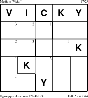 The grouppuzzles.com Medium Vicky puzzle for Tuesday December 24, 2024 with the first 3 steps marked