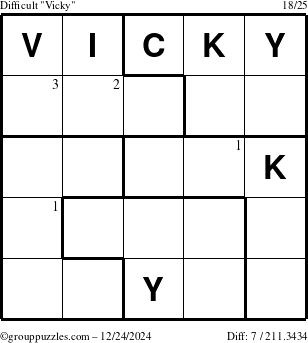 The grouppuzzles.com Difficult Vicky puzzle for Tuesday December 24, 2024 with the first 3 steps marked