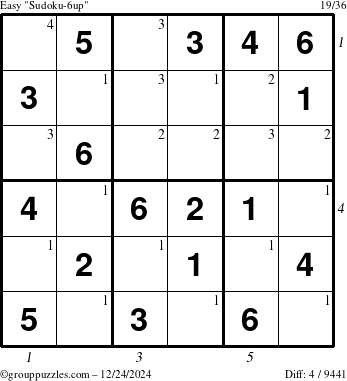 The grouppuzzles.com Easy Sudoku-6up puzzle for Tuesday December 24, 2024 with all 4 steps marked