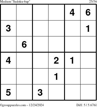 The grouppuzzles.com Medium Sudoku-6up puzzle for Tuesday December 24, 2024