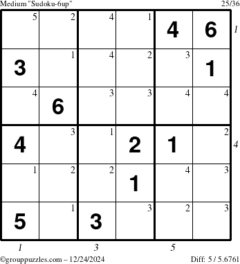 The grouppuzzles.com Medium Sudoku-6up puzzle for Tuesday December 24, 2024 with all 5 steps marked