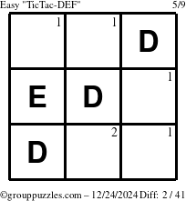 The grouppuzzles.com Easy TicTac-DEF puzzle for Tuesday December 24, 2024 with the first 2 steps marked