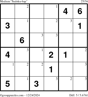 The grouppuzzles.com Medium Sudoku-6up puzzle for Tuesday December 24, 2024 with the first 3 steps marked