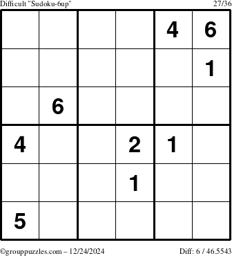 The grouppuzzles.com Difficult Sudoku-6up puzzle for Tuesday December 24, 2024