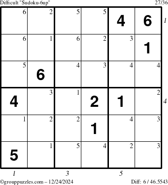 The grouppuzzles.com Difficult Sudoku-6up puzzle for Tuesday December 24, 2024, suitable for printing, with all 6 steps marked