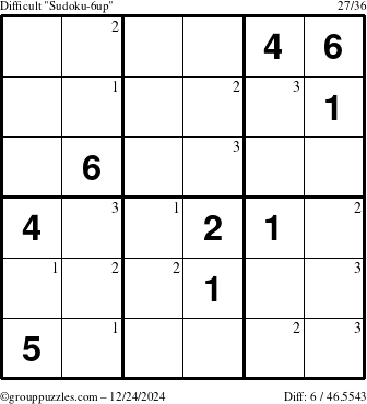 The grouppuzzles.com Difficult Sudoku-6up puzzle for Tuesday December 24, 2024 with the first 3 steps marked