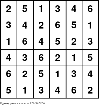 The grouppuzzles.com Answer grid for the Sudoku-6up puzzle for Tuesday December 24, 2024