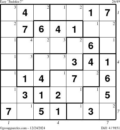 The grouppuzzles.com Easy Sudoku-7 puzzle for Tuesday December 24, 2024 with all 4 steps marked