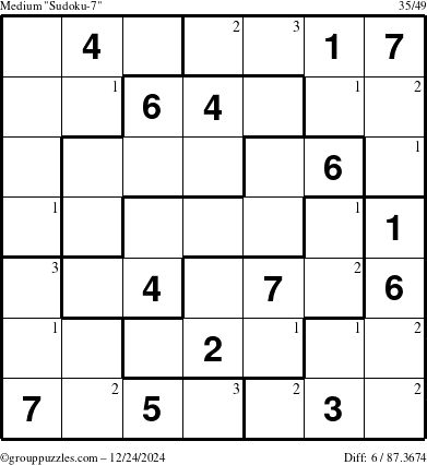 The grouppuzzles.com Medium Sudoku-7 puzzle for Tuesday December 24, 2024 with the first 3 steps marked