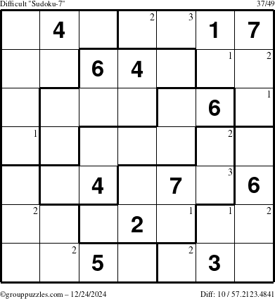 The grouppuzzles.com Difficult Sudoku-7 puzzle for Tuesday December 24, 2024 with the first 3 steps marked