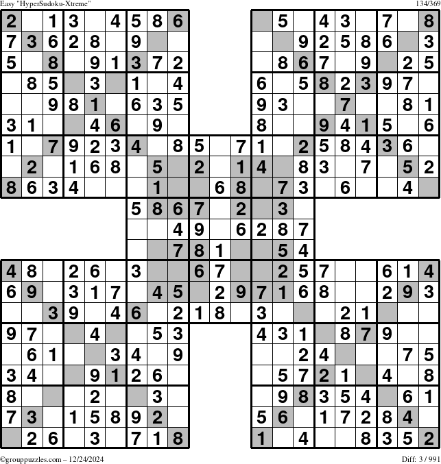 The grouppuzzles.com Easy HyperSudoku-Xtreme puzzle for Tuesday December 24, 2024