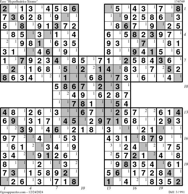 The grouppuzzles.com Easy HyperSudoku-Xtreme puzzle for Tuesday December 24, 2024 with all 3 steps marked